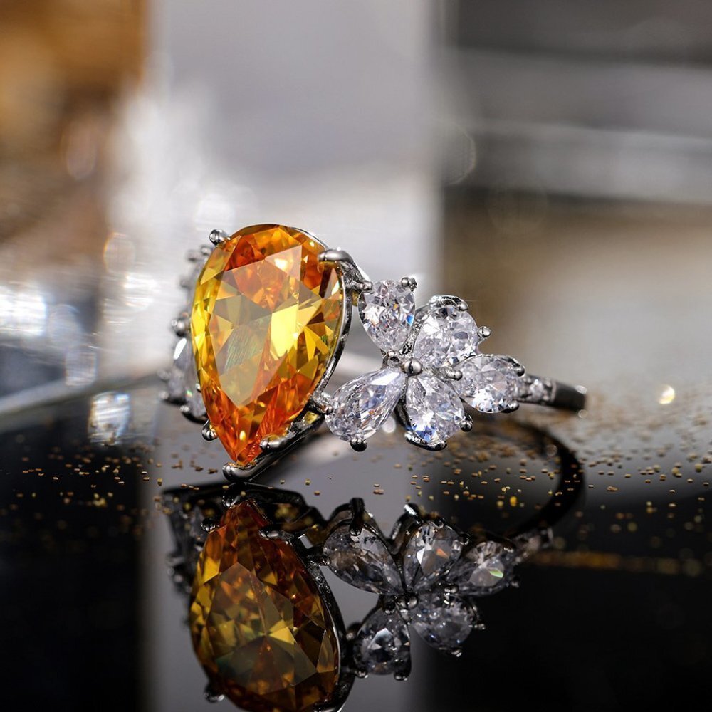 💥Crystal Clear Sweet Light Yellow Pear Flower Silver Rings for Women, MARR9130